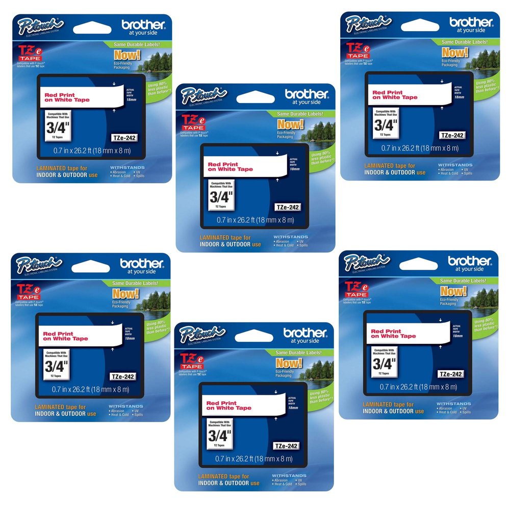 Brother Genuine P-Touch TZE-242 Tape, 3/4" (0.7 mm) Standard Laminated P-Touch Tape, Red on White, Laminated for Indoor or Outdoor Use, Water-Resistant, 26.2 ft (8 m), Single-Pack (6)