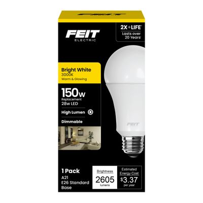 Feit Electric A21 LED Light Bulb, 150W Eq, Bright White