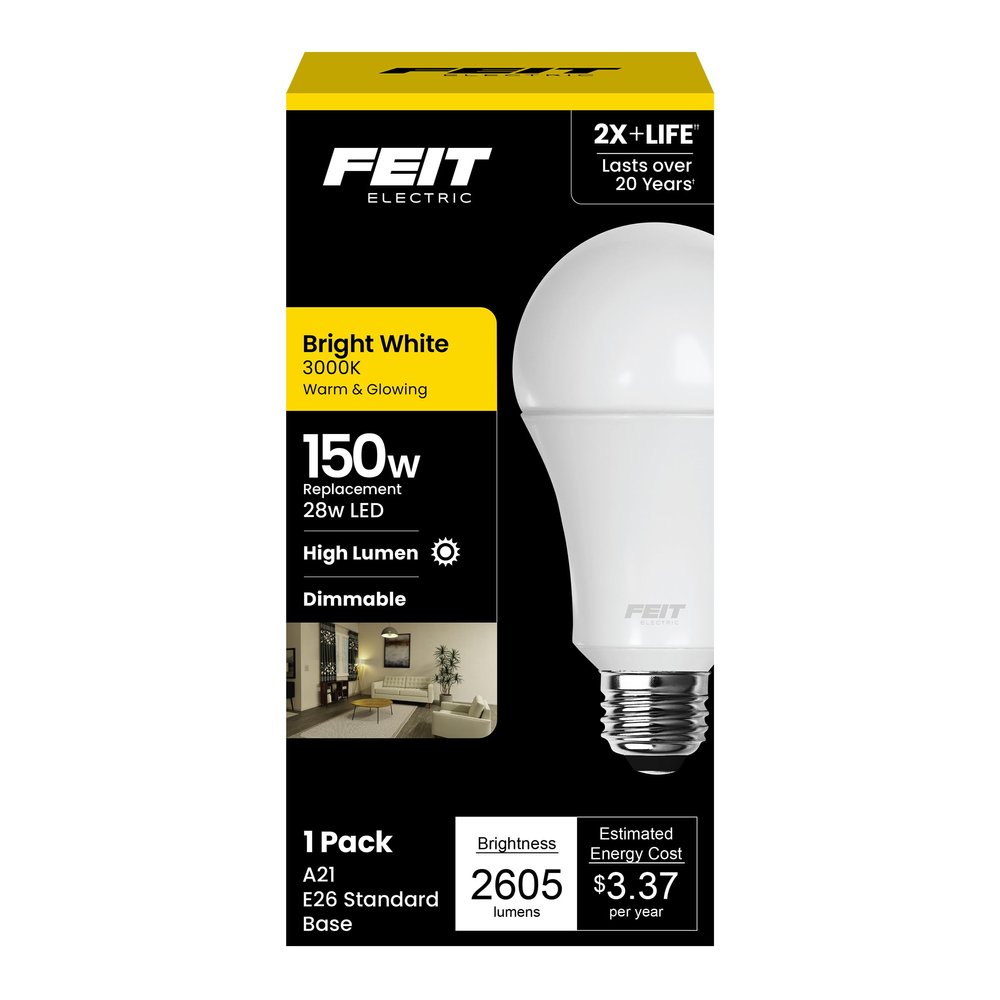 Feit Electric A21 LED Light Bulb, 150W Eq, Bright White