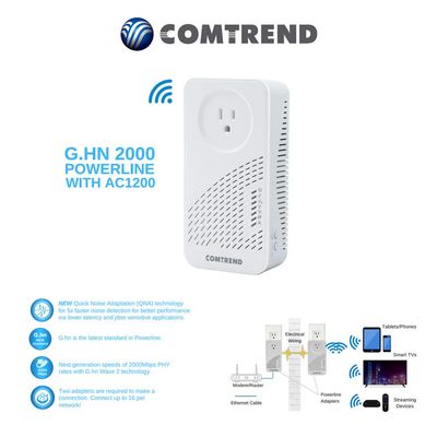 Comtrend G.hn Powerline Ethernet Adapter with Wireless AC - Wave 2 Tech Up to 2000Mbps Speed for Gaming & Streaming, Noise Detection for Lower Latency, Up to 16 Per Network - Single Device (PG-9182AC)