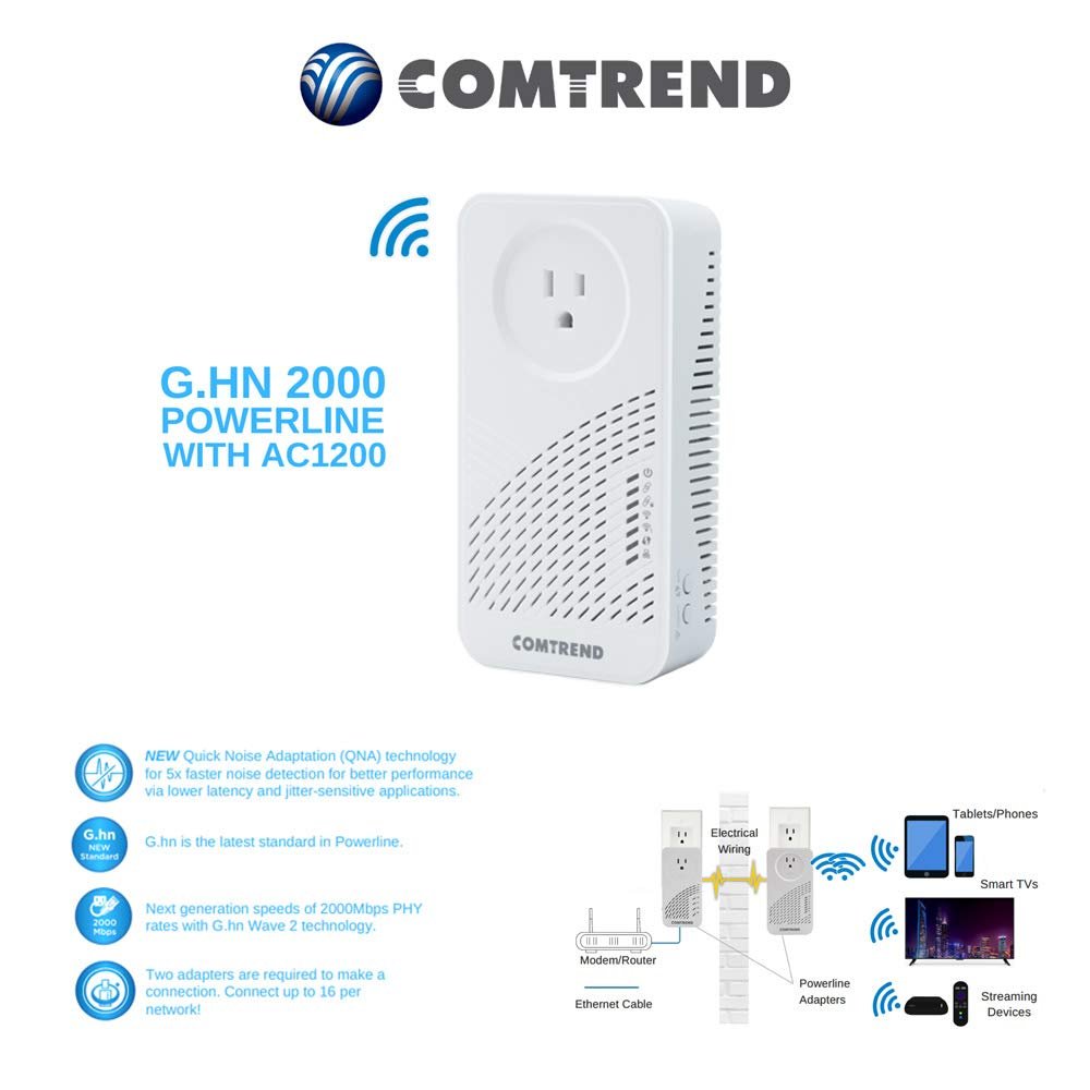 Comtrend G.hn Powerline Ethernet Adapter with Wireless AC - Wave 2 Tech Up to 2000Mbps Speed for Gaming & Streaming, Noise Detection for Lower Latency, Up to 16 Per Network - Single Device (PG-9182AC)