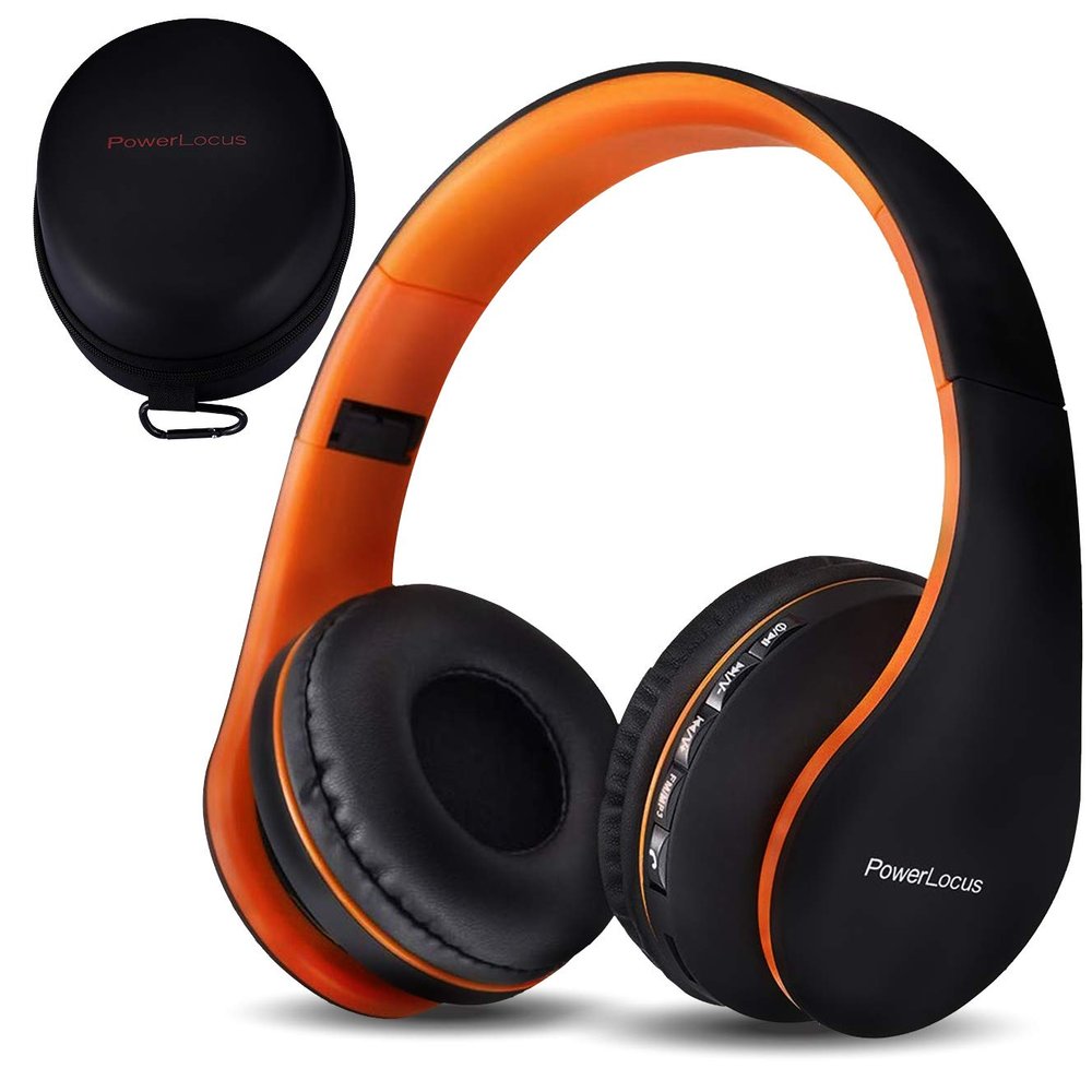 PowerLocus Wireless Bluetooth Over-Ear Stereo Foldable Headphones, Wired Headsets Rechargeable with Built-in Microphone for iPhone, Samsung, LG, iPad (Orange)