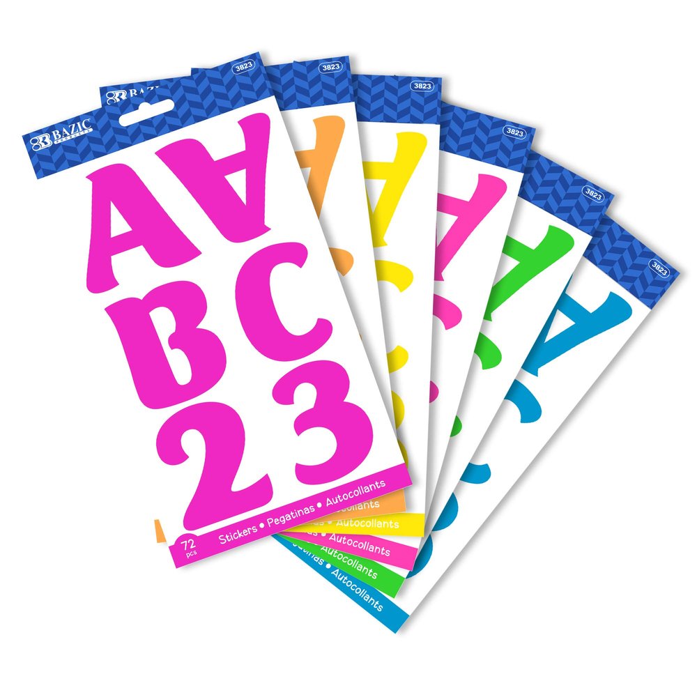 BAZIC Products Alphabet Numbers Stickers 6 Neon Colors, 2" A to Z 0 to 9 Self-Adhesive Large Sticker for Laptop Cardstock Labeling (72/Pack), 6-Packs