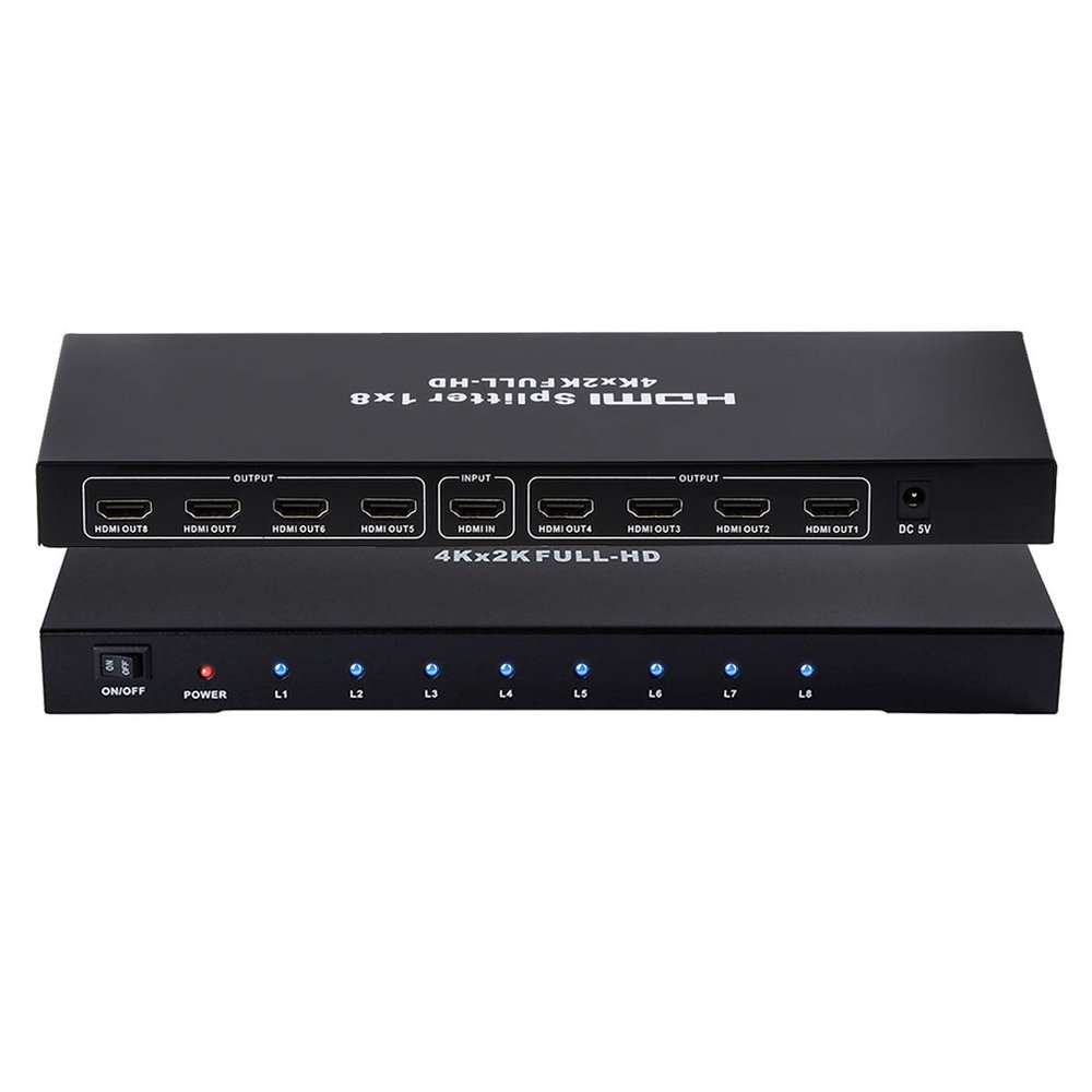 1x8 HDMI Splitter, 1 in 8 Out HDMI Splitter Audio Video Distributor Box Support Full HD 3D & 4K x 2K Compatible for Projector, HDTV, STB, DVD, PS3 Etc