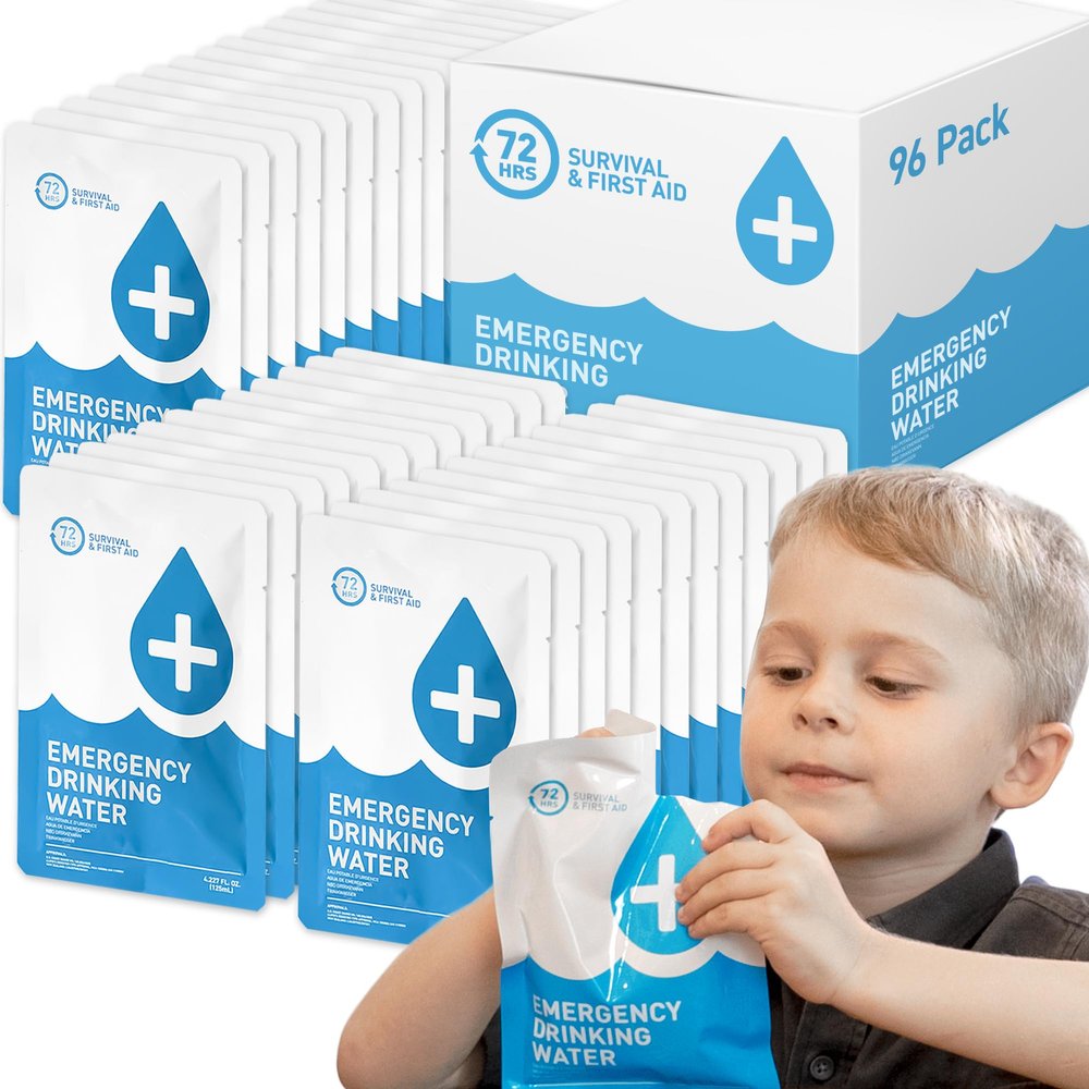 72 HRS Emergency Water Pouches - Survival Water Packets, Emergency Rations, Long Shelf Life, Survival kit (Pack of 96)