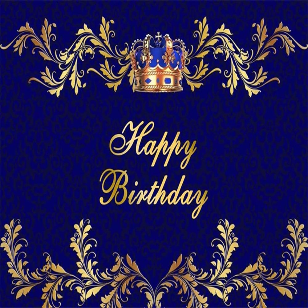 AOFOTO 10x10ft Royal Blue Prince Happy Birthday Backdrop Blue and Gold King Crown Elegant Floral Pattern Royal Birthday Banner Background Party Decorations Little Boy Men Portrait Photobooth Props