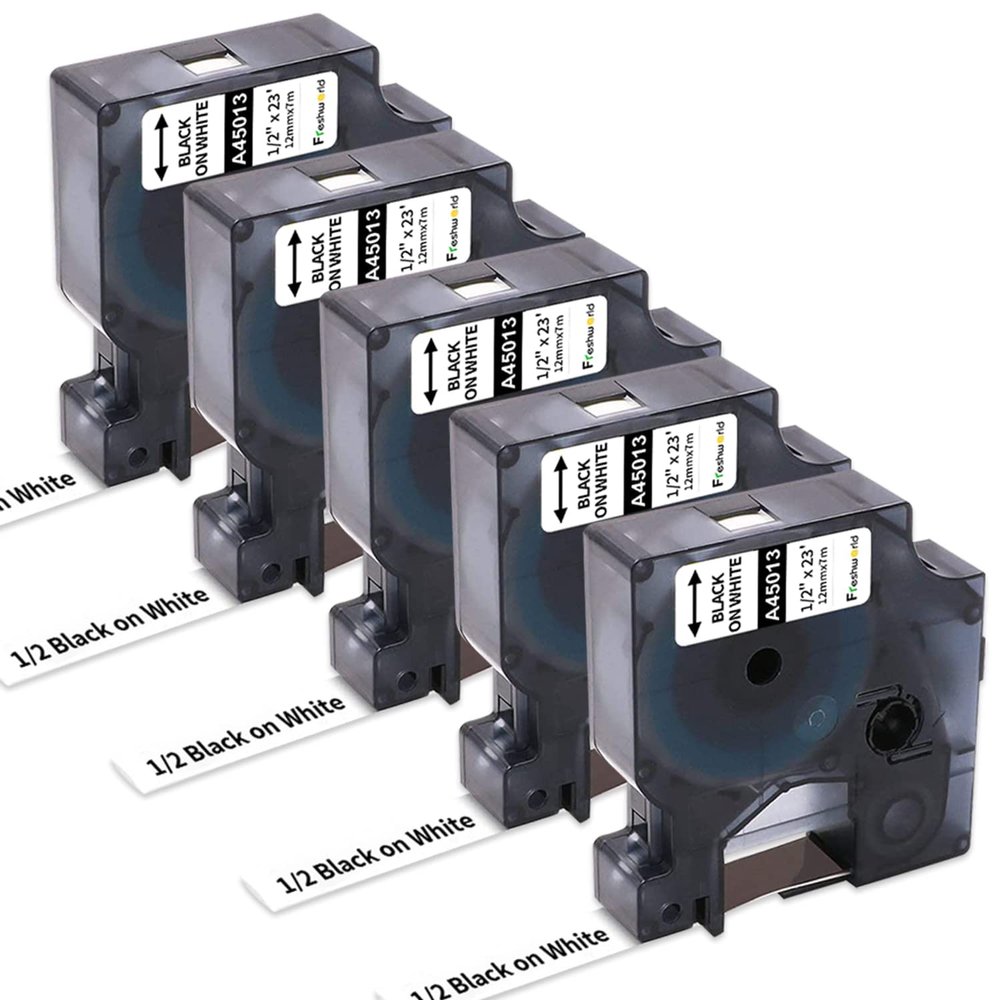 Freshworld a45013 Replace for Dymo Label Maker Refills Replace for Dymo D1 Label Tape 45013 S0720530 for d1 labels,Black on White,1/2 In x 23Ft,for LabelManager 160 210D 260P 280 360D 420P 450D,5-Pack
