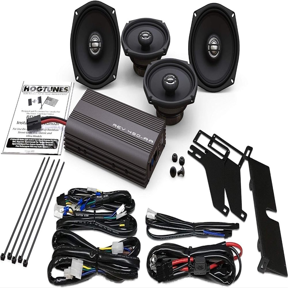 Hogtunes REV 450U KIT-AA with 200 Watts RMS 4 Channel Amplifier, 5.25" Front & 5.25" Rear Speakers (4 Pack), Fits 1998-2013 Harley-Davidson Motorcycles