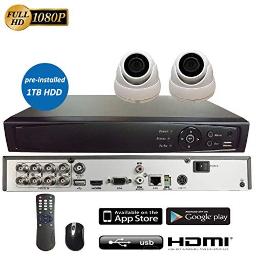 8CH 5in1 (IP, TVI, AHD, CVI, Analog CVBS) Surveillance DVR + 2MP 1080P 2.8mm Lens Dome Camera (with 1TB HDD, 2 x 2MP 2.8mm Fixed Dome)