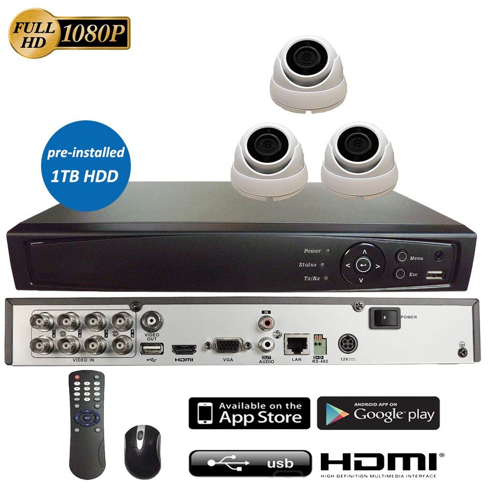 8CH 5in1 (IP, TVI, AHD, CVI, Analog CVBS) Surveillance DVR + 2MP 1080P 2.8mm Lens Dome Camera (with 1TB HDD, 3 x 2MP 2.8mm Fixed Dome)