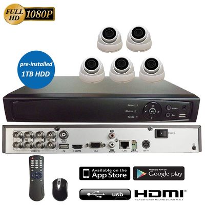 8CH 5in1 (IP, TVI, AHD, CVI, Analog CVBS) Surveillance DVR + 2MP 1080P 2.8mm Lens Dome Camera (with 1TB HDD, 5 x 2MP 2.8mm Fixed Dome)