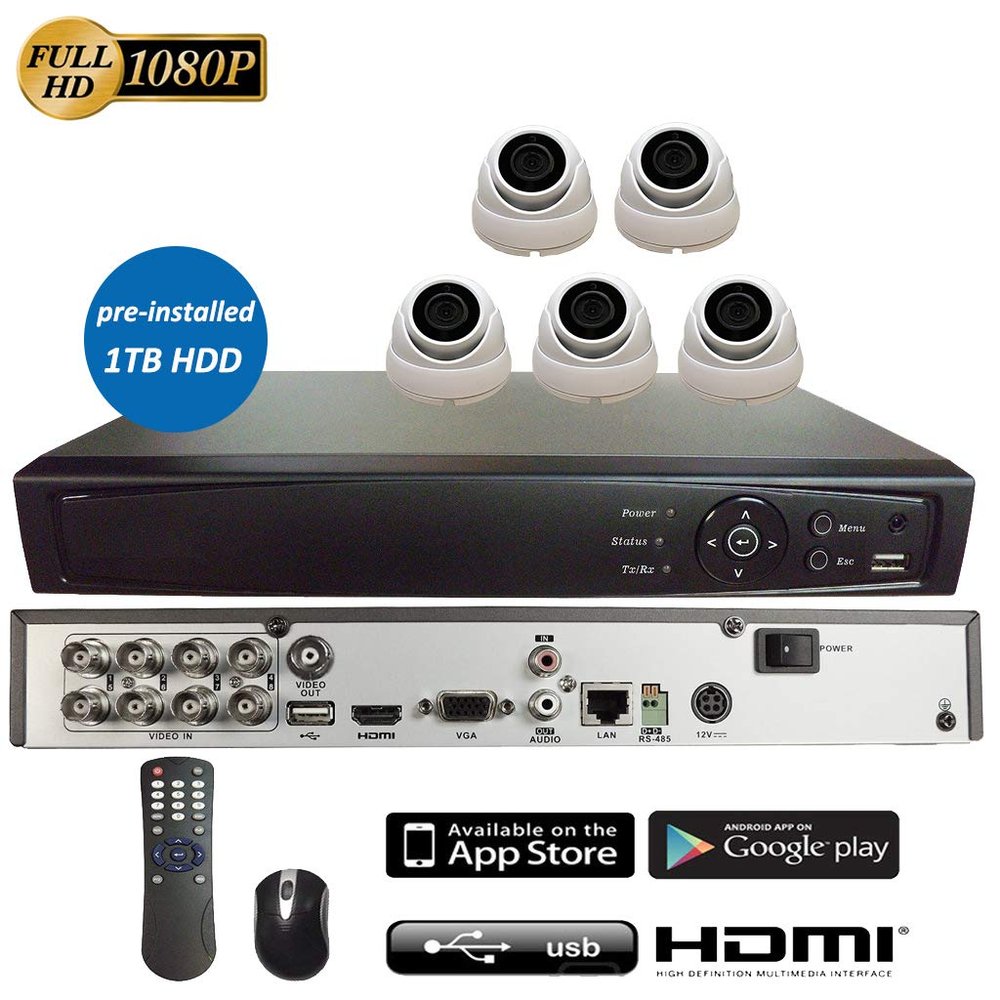 8CH 5in1 (IP, TVI, AHD, CVI, Analog CVBS) Surveillance DVR + 2MP 1080P 2.8mm Lens Dome Camera (with 1TB HDD, 5 x 2MP 2.8mm Fixed Dome)