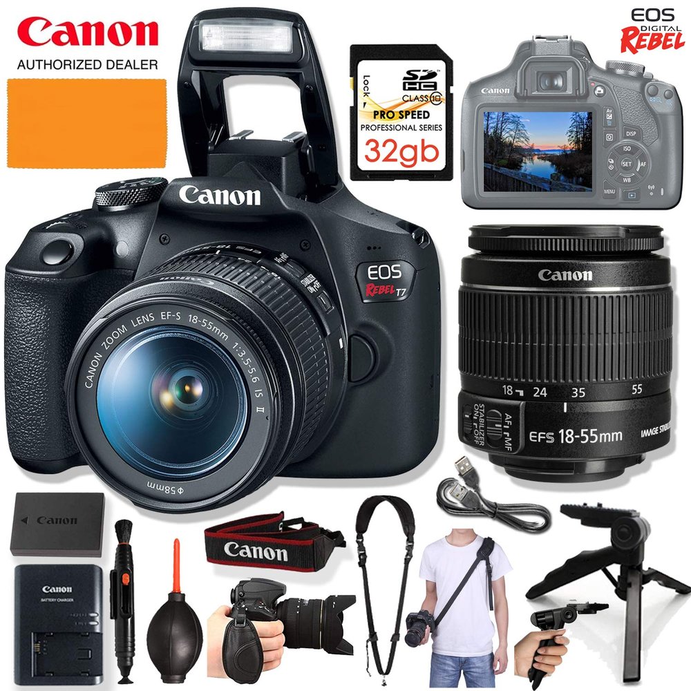 Canon EOS Rebel T7 DSLR Camera with 18-55mm is II Lens + Standard Accessory Bundle incl. Body and Grip Straps, 32GB Memory Card, Grip Tripod and More