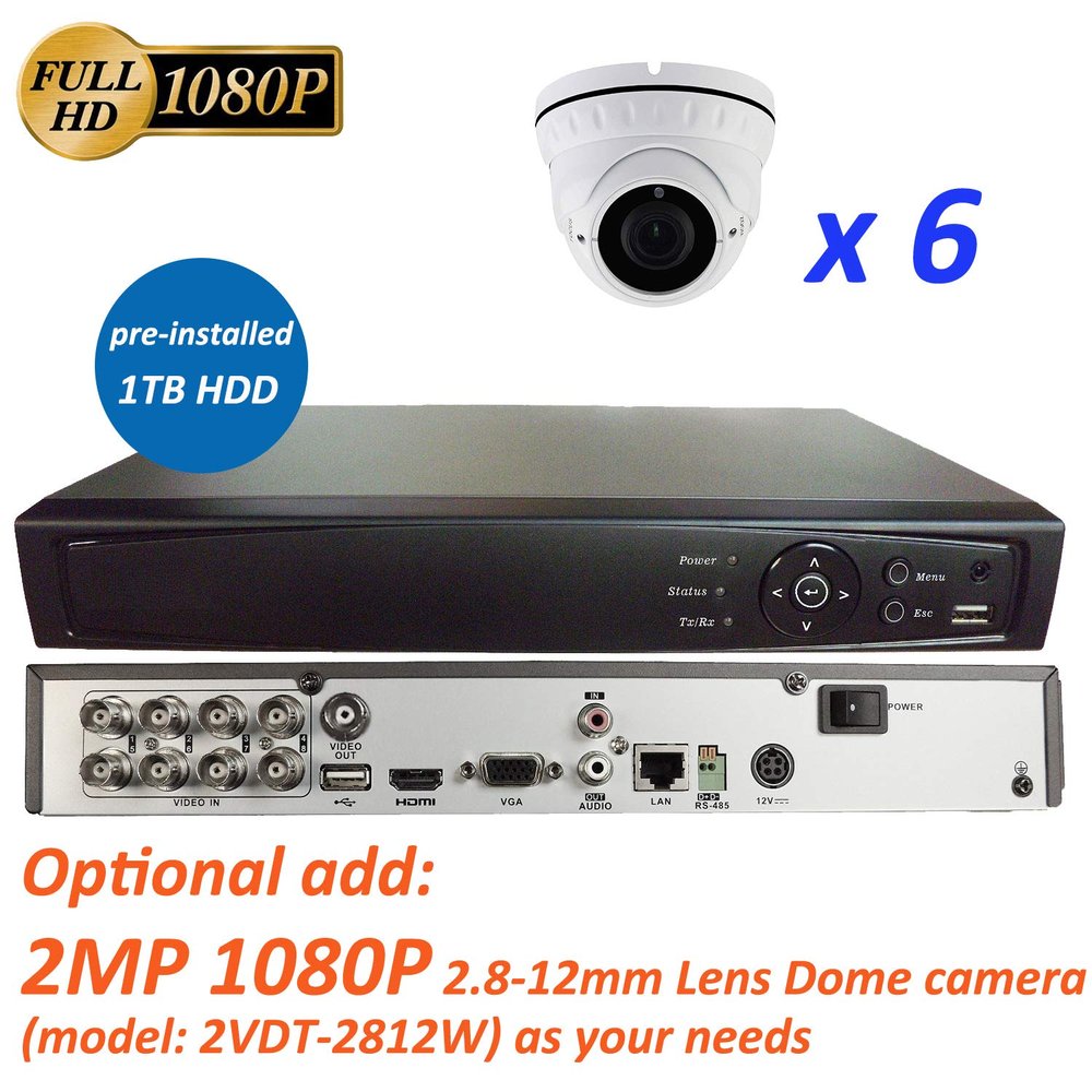 8CH 5in1 (IP, TVI, AHD, CVI, Analog CVBS) Surveillance DVR + 2MP 1080P 2.8-12mm Varifocal Lens Dome Camera (with 1TB HDD, 6 x 2MP 2.8-12mm Dome Camera)