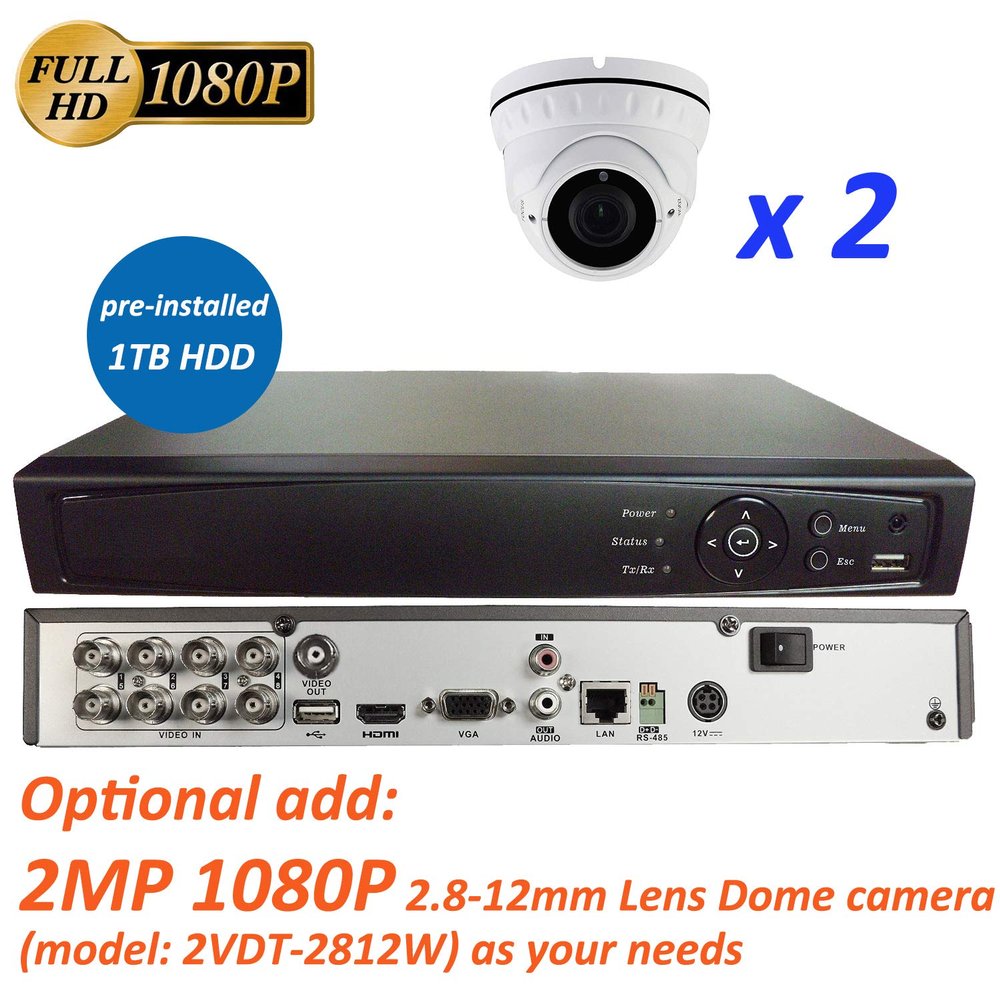 8CH 5in1 (IP, TVI, AHD, CVI, Analog CVBS) Surveillance DVR + 2MP 1080P 2.8-12mm Varifocal Lens Dome Camera (with 1TB HDD, 2 x 2MP 2.8-12mm Dome Camera)