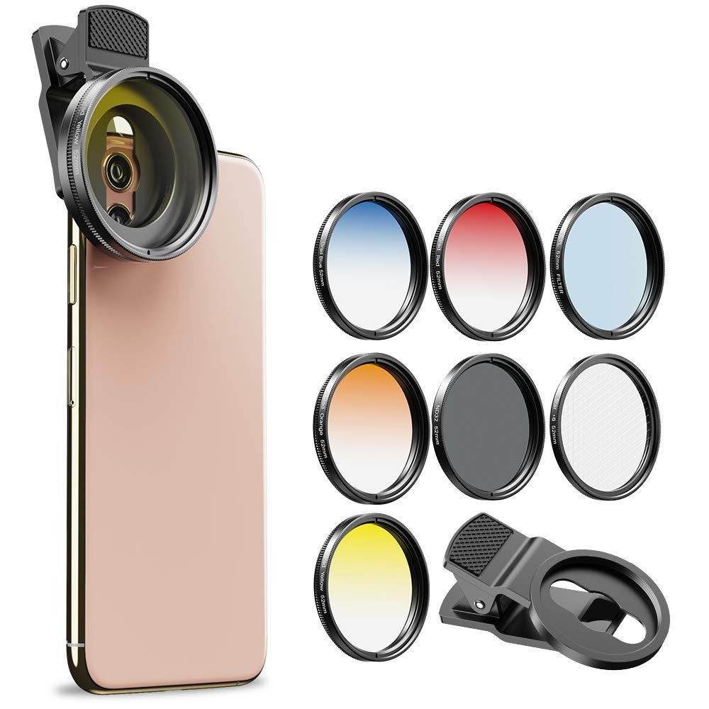 Apexel 52mm Filter Lens Kit (Graduated Filter Lens-Red Orange Yellow Blue, CPL, ND32, Star Lens-6 Point) for Smartphone Camera Canon Nikon Sony Olympus