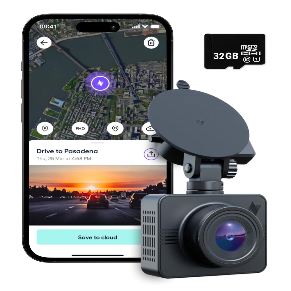 Nexar Beam GPS Dash Cam - Dash Camera for Cars with 32GB SD Card Included Unlimited Cloud Storage 24H Parking Mode Dash Cam for Cars. Wireless Car Camera with 1-Year Nexar Classic App Subscription