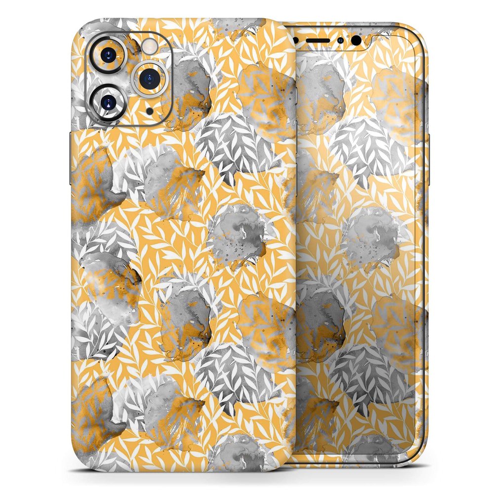 Karamfila Yellow & Gray Floral V6 - DesignSkinz Protective Vinyl Decal Wrap Skin Cover Compatible with The Apple iPhone 11 Pro Max (Full-Body, Screen Trim & Back Glass Skin)