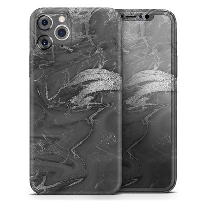 Black & Silver Marble Swirl V7 2 - DesignSkinz Protective Vinyl Decal Wrap Skin Cover Compatible with The Apple iPhone 11 Pro Max (Full-Body, Screen Trim & Back Glass Skin)