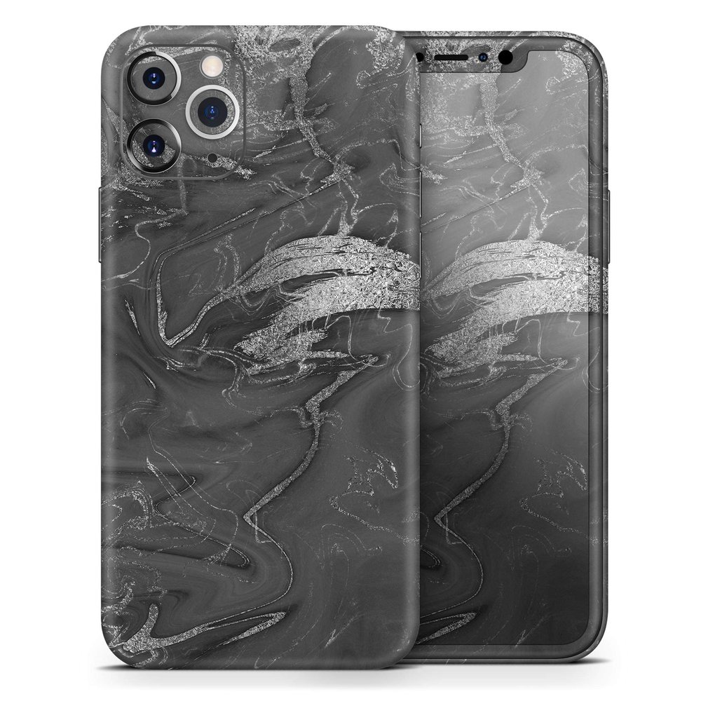 Black & Silver Marble Swirl V7 2 - DesignSkinz Protective Vinyl Decal Wrap Skin Cover Compatible with The Apple iPhone 11 Pro Max (Full-Body, Screen Trim & Back Glass Skin)