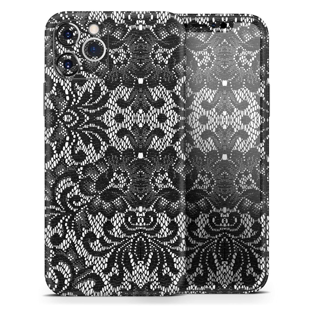 Black and White Lace Pattern V108 - DesignSkinz Protective Vinyl Decal Wrap Skin Cover Compatible with The Apple iPhone 11 Pro Max (Full-Body, Screen Trim & Back Glass Skin)