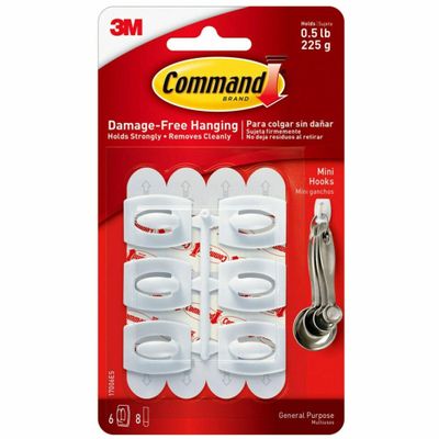 Command 0.5 lb Capacity Mini Hooks, Indoor Use, 6 hooks, 8 strips, White (17006-ES), 10 Pack