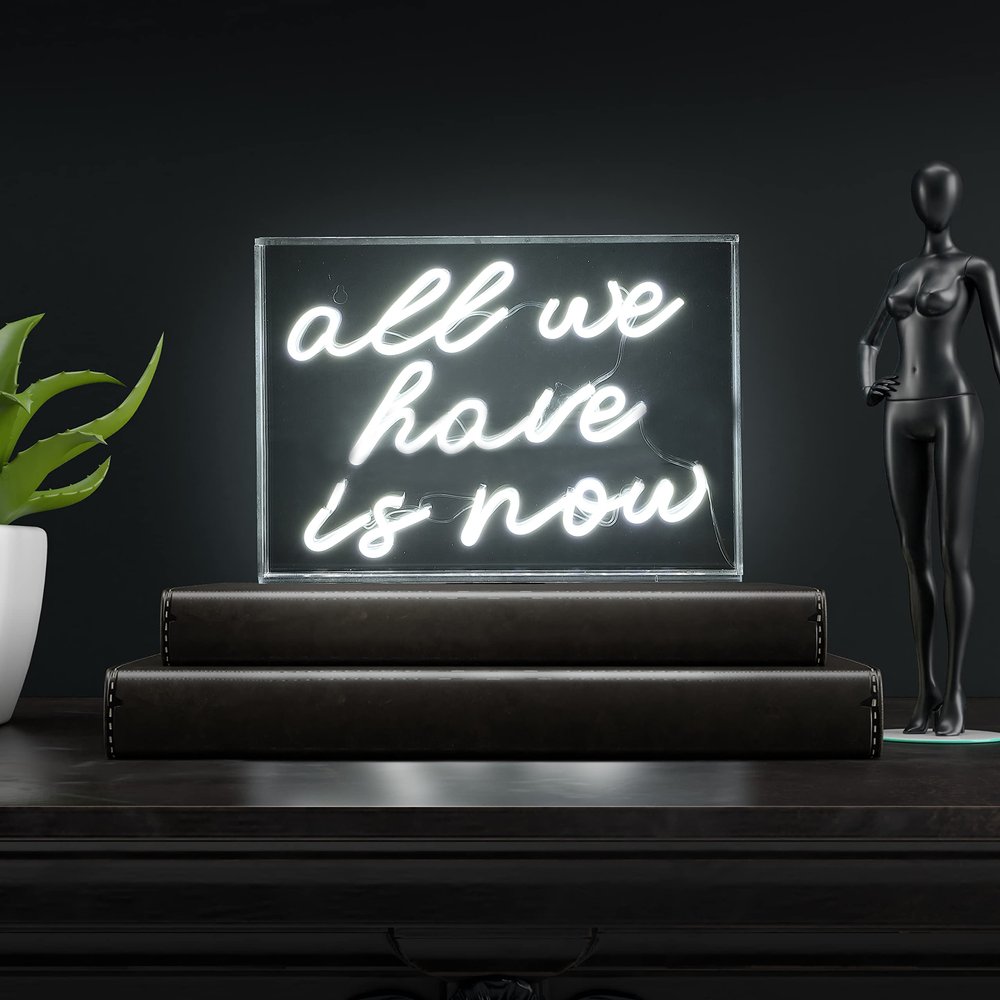 JONATHAN Y NEN1013A All We Have Is Now Neon Sign 14" x 10", USB Powered LED Light Up Wall Decor, Modern White Acrylic Box Light for Bedroom, Dorm Room, Bar, Party, Wall Mount or Tabletop