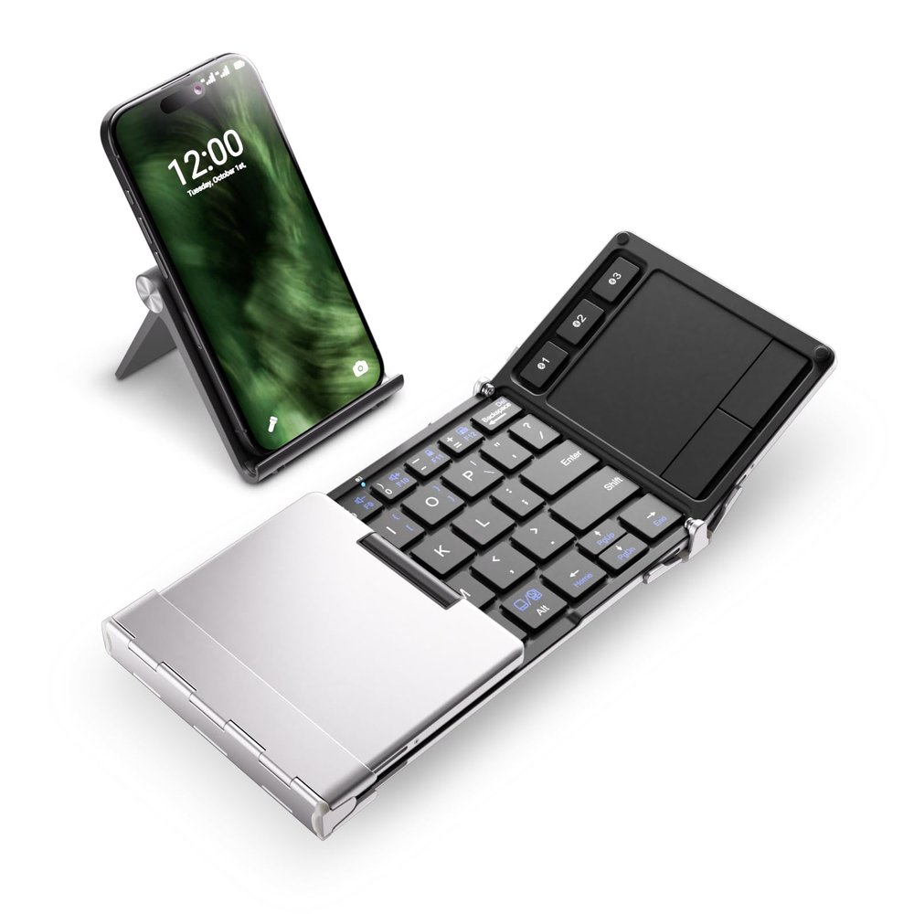 iClever Foldable Keyboard, BK08 Foldable Bluetooth Keyboard with Touchpad, Aluminum Build, USB-C Charge, Equipped with Stand Holder and Carrying Bag, Portable for Laptop, iPad, iPhone, Silver