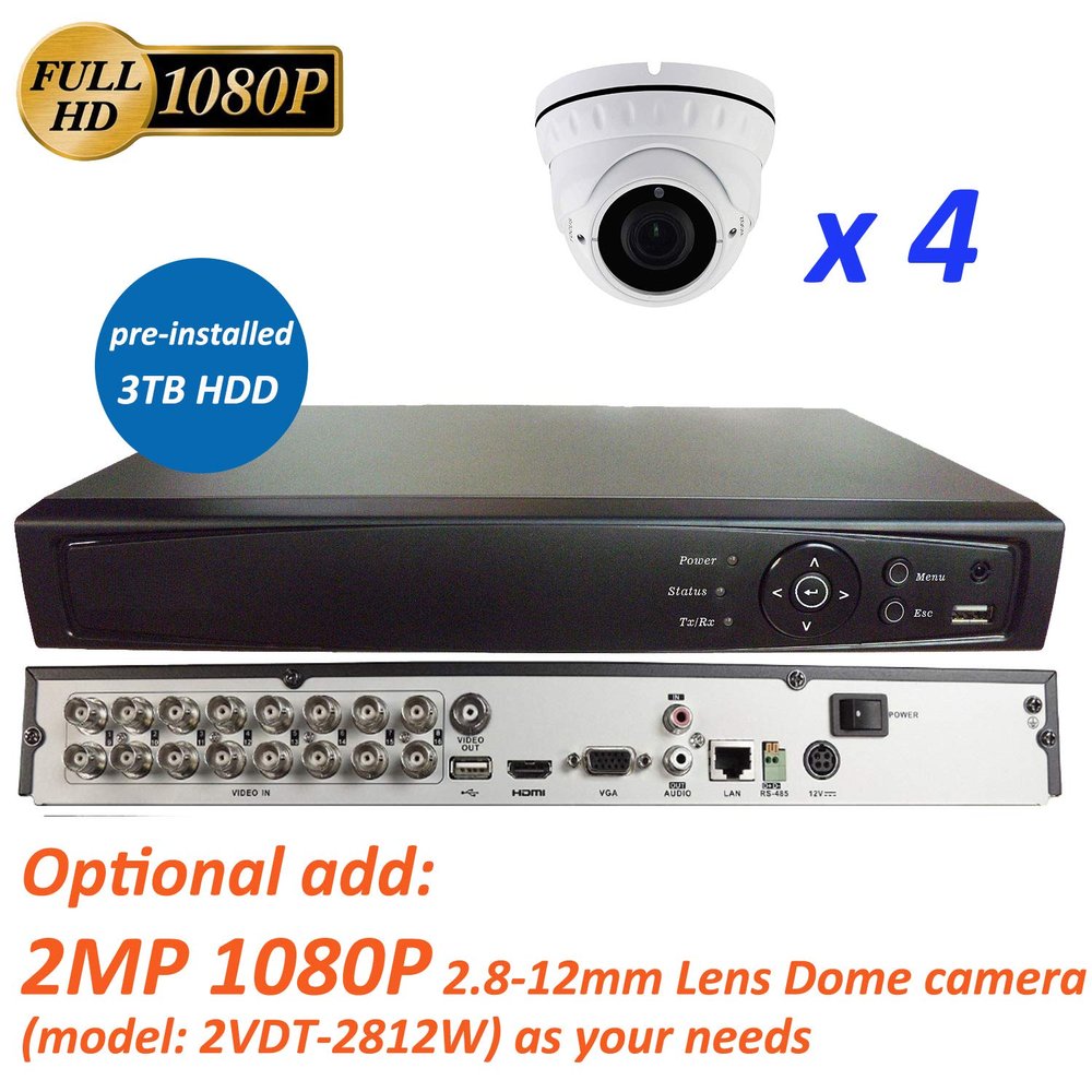 16CH 5in1 (IP, TVI, AHD, CVI, Analog CVBS) Surveillance DVR + 2MP 1080P 2.8-12mm Varifocal Lens Dome Camera (with 3TB HDD, 4 x 2MP 2.8-12mm Dome Camera)
