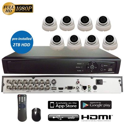 16CH 5in1 (IP, TVI, AHD, CVI, Analog CVBS) Surveillance DVR + 2MP 1080P 2.8mm Fixed Lens Dome Camera (with 2TB HDD, 8X 2MP 2.8mm Dome Camera)
