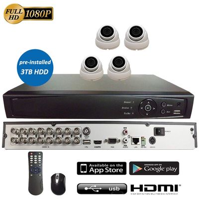 16CH 5in1 (IP, TVI, AHD, CVI, Analog CVBS) Surveillance DVR + 2MP 1080P 2.8mm Fixed Lens Dome Camera (with 3TB HDD, 4X 2MP 2.8mm Dome Camera)