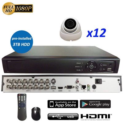 16CH 5in1 (IP, TVI, AHD, CVI, Analog CVBS) Surveillance DVR + 2MP 1080P 2.8mm Fixed Lens Dome Camera (with 3TB HDD, 12x 2MP 2.8mm Dome Camera)