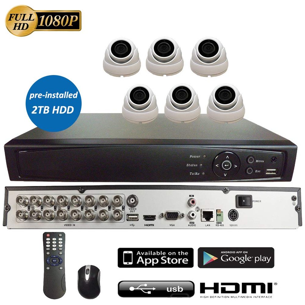 16CH 5in1 (IP, TVI, AHD, CVI, Analog CVBS) Surveillance DVR + 2MP 1080P 2.8mm Fixed Lens Dome Camera (with 2TB HDD, 6X 2MP 2.8mm Dome Camera)