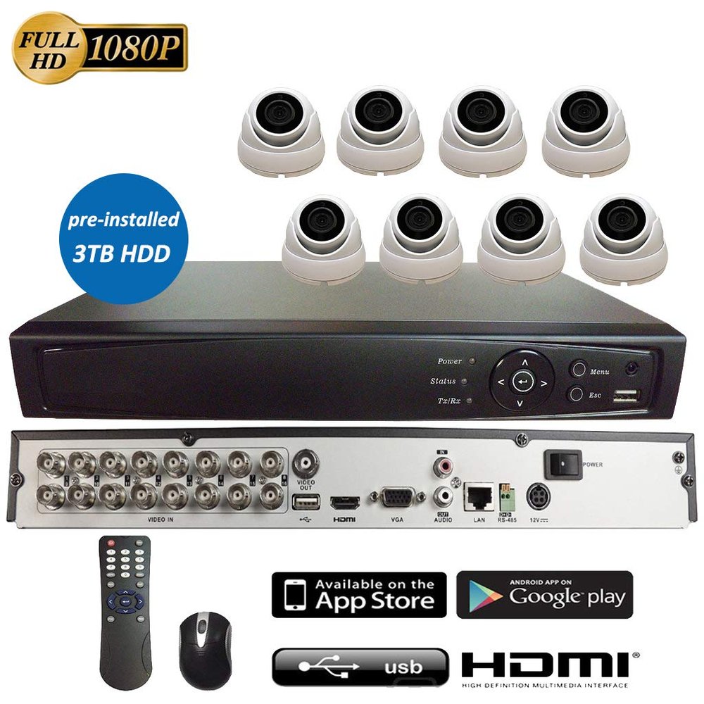 16CH 5in1 (IP, TVI, AHD, CVI, Analog CVBS) Surveillance DVR + 2MP 1080P 2.8mm Fixed Lens Dome Camera (with 3TB HDD, 8X 2MP 2.8mm Dome Camera)
