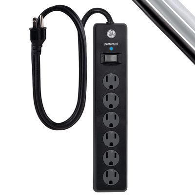 GE 6-Outlet Surge Protector, 3 Ft Extension Cord, Power Strip, 800 Joules, Heavy Duty Plug, Twist-to-Close Safety Covers, Protected Indicator Light, UL Listed, Black, 47224