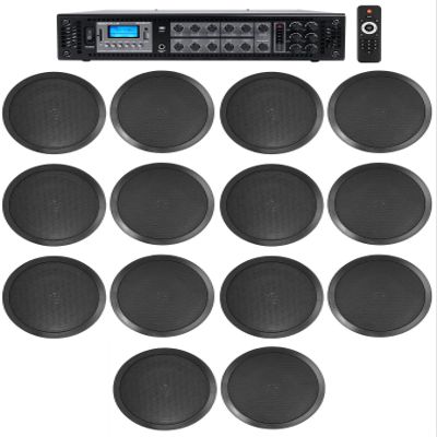 Rockville Commercial Receiver+(14) 8" 2Way Black Ceiling Speakers 4 Hotel/Office