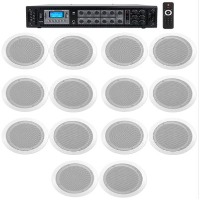 Rockville CC65T White Bundle: (7) Pairs of 6.5" 2-Way Ceiling Speakers, RCS180-6 180-Watt 6-Zone 70V Amplifier with Bluetooth/USB/SD, for Commercial/Restaurant, 8-Items