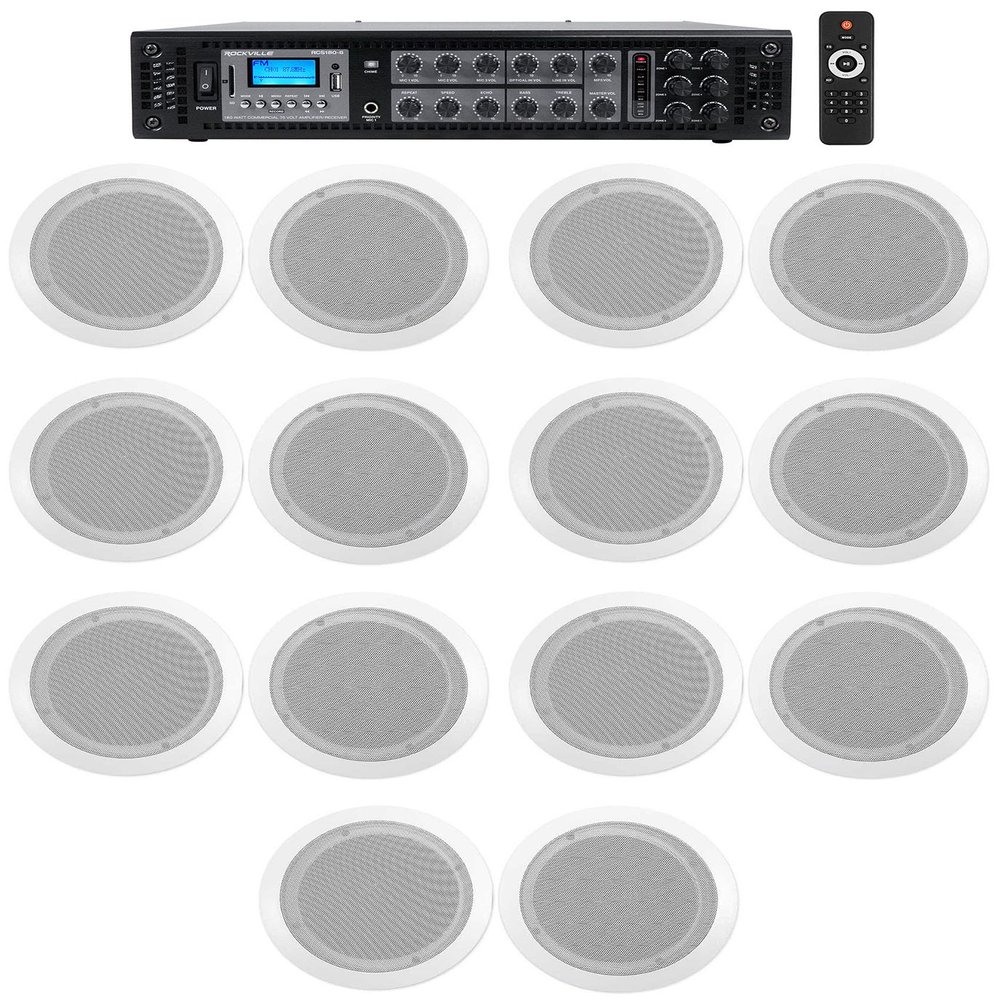 Rockville CC65T White Bundle: (7) Pairs of 6.5" 2-Way Ceiling Speakers, RCS180-6 180-Watt 6-Zone 70V Amplifier with Bluetooth/USB/SD, for Commercial/Restaurant, 8-Items