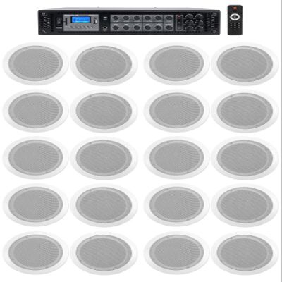 Rockville RCS350-6 Bundle: 350 Watt 6 Zone 70V Commercial Amplifier with Bluetooth, 20 CC65T 6.5 in White Commercial Ceiling Speakers for Hotel, Restaurants and Offices, 21-Items