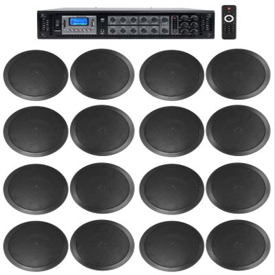 Rockville RCS350-6 Bundle: 6-Zone 350W 70V Bluetooth Commercial Amplifier Receiver, (16) 6.5 in CC65T 2-Way Black Ceiling Speakers, Complete Audio System for Restaurant, Cafe, Office, Lounge, 17-items