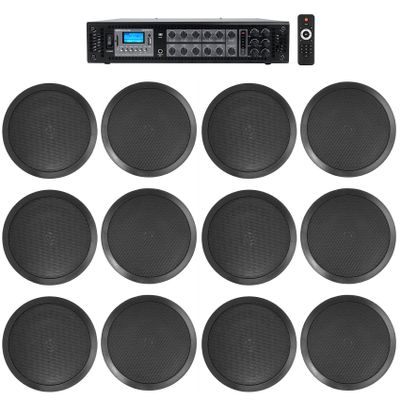 Rockville 6-Zone Amplifier+(12) 8" 2-Way Black Ceiling Speakers for Restaurant