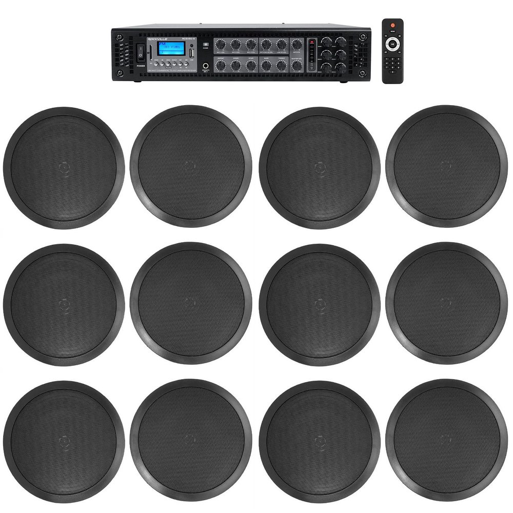 Rockville 6-Zone Amplifier+(12) 8" 2-Way Black Ceiling Speakers for Restaurant