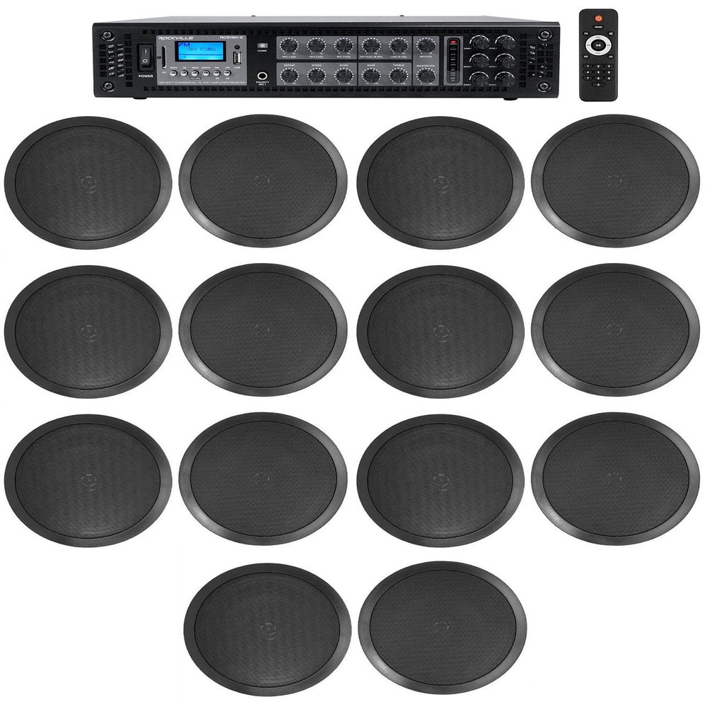 Rockville 6-Zone Amplifier+(14) 8" 2-Way Black Ceiling Speakers for Restaurant