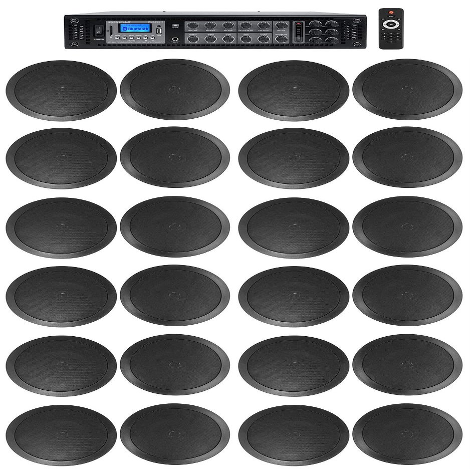 Rockville RCS350-6 Bundle: 350-Watt 6-Zone Commercial Amplifier with Bluetooth, (12) CC65T 6.5 in 70V in-Ceiling Speakers, Black, 13 Items