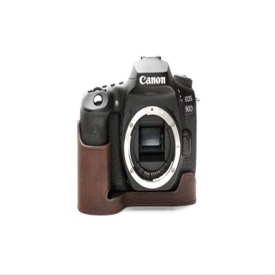 90D Camera Case, BolinUS Handmade Genuine Real Leather Half Camera Case Bag Cover for Canon Eos 90D Camera Bottom Opening Version + Hand Strap (Coffee)