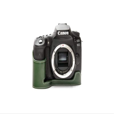 90D Camera Case, BolinUS Handmade Genuine Real Leather Half Camera Case Bag Cover for Canon Eos 90D Camera Bottom Opening Version + Hand Strap (Green)