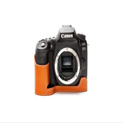 90D Camera Case, BolinUS Handmade Genuine Real Leather Half Camera Case Bag Cover for Canon Eos 90D Camera Bottom Opening Version + Hand Strap (Yellow)