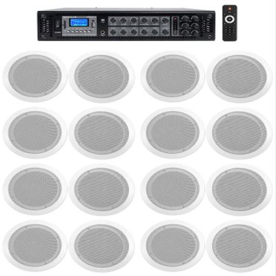Rockville CC65T White Bundle: (16) 6.5-in 70V Commercial 2-Way Ceiling Speakers, RCS350-6 350W 6-Zone Bluetooth Amplifier/Receiver, for Hotel, Cafes, Offices, 17-Items