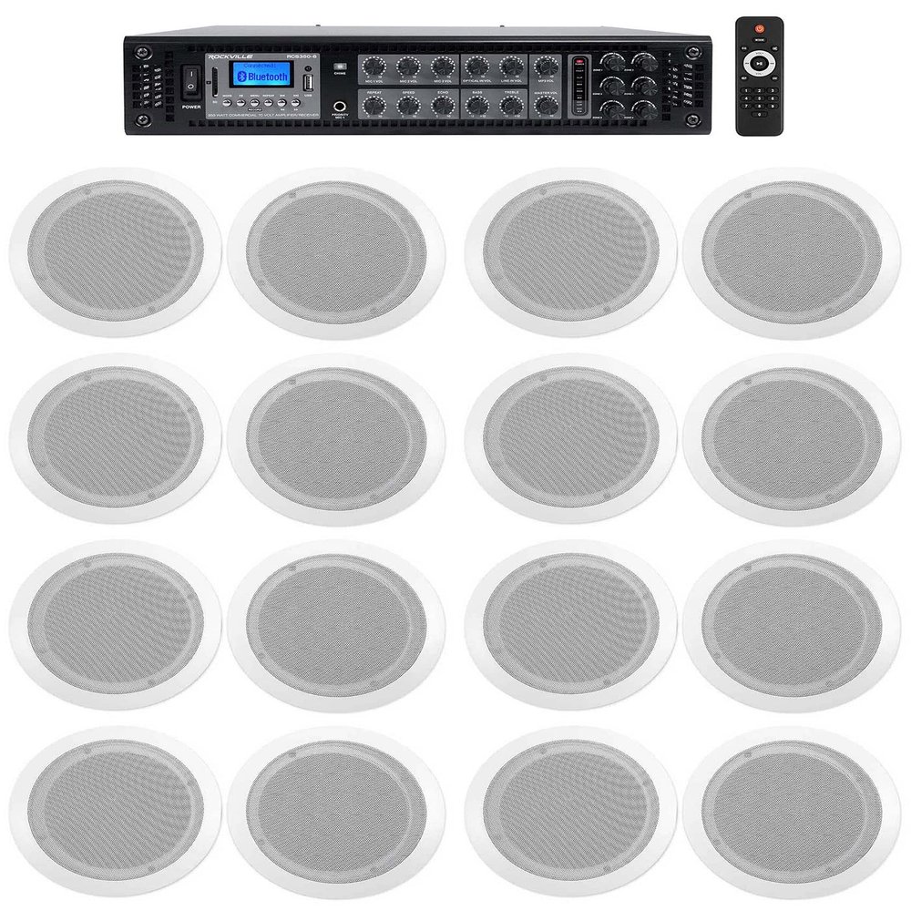 Rockville CC65T White Bundle: (16) 6.5-in 70V Commercial 2-Way Ceiling Speakers, RCS350-6 350W 6-Zone Bluetooth Amplifier/Receiver, for Hotel, Cafes, Offices, 17-Items