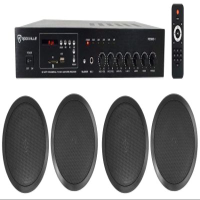 Rockville RCS80-1 Bundle: 60-Watt 70V Commercial Bluetooth Amplifier, (4) CC80T 8 in 70V Ceiling Speakers, for Restaurants Bars Offices, 5-Items